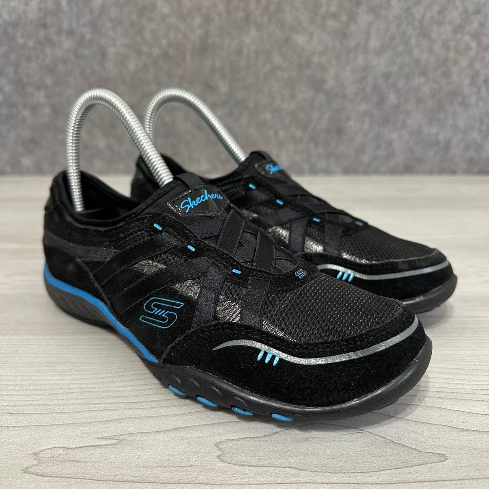 Skechers Relaxed Fit Sneakers Womens 6 Black Blue Bungee Slip On Memory Foam